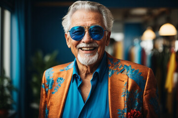 A high self-confident old man. Happy senior man in blue and orange outfit, cool sunglasses, laughing and having fun - obrazy, fototapety, plakaty
