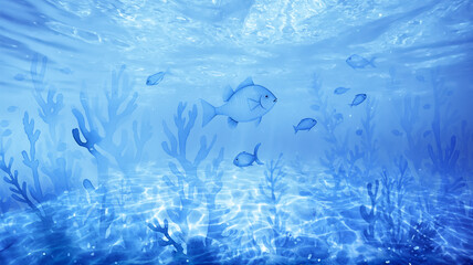 watercolor underwater world, sea depth landscape, fish and corals illustration of the ocean at the bottom