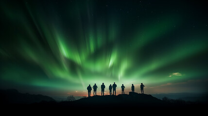 northern lights in the night sky, aurora borealis, a group of people watching the night landscape with a multicolored glow in the sky