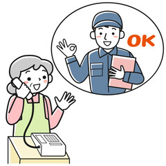 電話するシニア女性とOKサインで応える作業服の男性