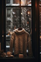 fluffy oversized sweater next to a window with falling snow outside  AI generated illustration