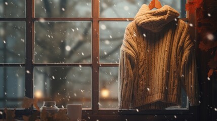 Obraz premium fluffy oversized sweater next to a window with falling snow outside AI generated illustration