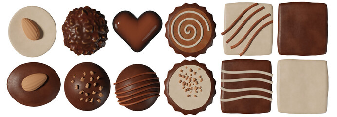 3D rendering illustration, top view, collection of chocolates of different shapes and flavors on transparent background