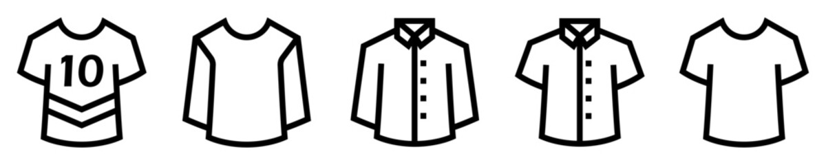Conjunto de iconos de tipos de camisas y camisetas. Indumentaria, ropa. Camiseta deportiva, neutra, manga larga y corta. Ilustración vectorial
