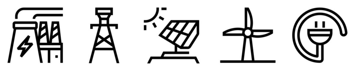 Conjunto de iconos de estación eléctrica. Central, torre de trasmisión, panel solar, turbina eólica, cable de energía. Ilustración vectorial © Frank