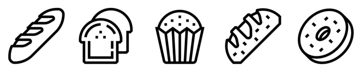 Conjunto de iconos de pan. Panadería. Baguette, pan de molde, panecillo, integral, bagel. Ilustración vectorial - obrazy, fototapety, plakaty
