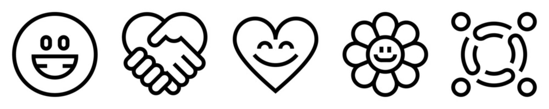 Conjunto de iconos de amabilidad. Empat&iacute;a, generosidad. Sonrisa, apret&oacute;n de manos, coraz&oacute;n gentil, flor feliz, personas en armon&iacute;a. Ilustraci&oacute;n vectorial