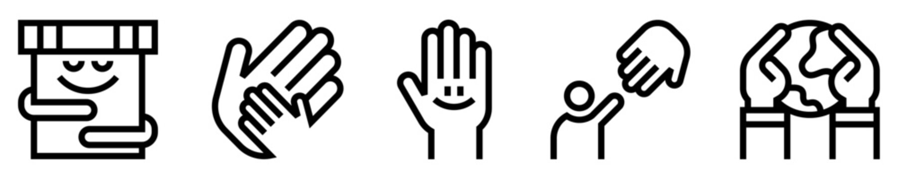 Conjunto de iconos de ayuda humanitaria. Apoyo y colaboraci&oacute;n. Caja de donaci&oacute;n, ofrecer ayuda, mano voluntaria, mundo colaborativo. Ilustraci&oacute;n vectorial