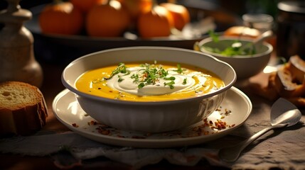 Cozy autumn meal setting with a bowl of creamy pumpkin soup garnished with herbs,