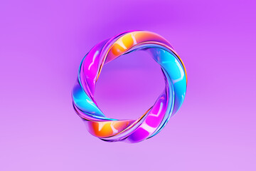 3D illustration of a   colorful    glowing, neon  luminous torus shape on  pink  background
