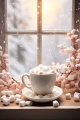 Obraz na płótnie Canvas hot cup of cocoa with mini marshmallows on top sitting beside a window in winter AI generated illustration