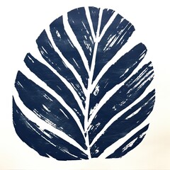 a palm leaf in a navy blue rough texture print Decor-themed, square format of photorealistic illustration in JPG. Generative ai