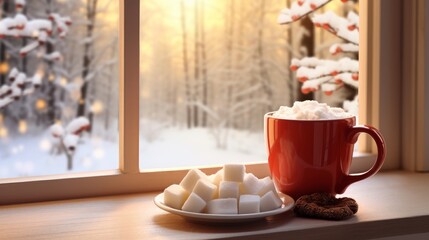 hot cup of cocoa with mini marshmallows on top sitting beside a window in winter AI generated illustration - obrazy, fototapety, plakaty