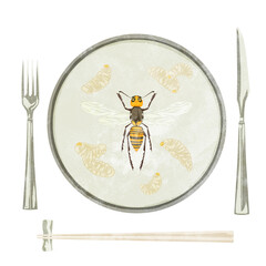 皿に乗ったハチの子と蜂の手描き水彩風イラスト
