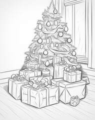 Festive coloring picture with Christmas tree and gifts in a delightful holiday scene.