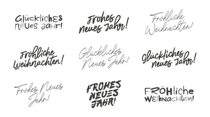 Set of New Year and Christmas inscriptions in German. Frohes Neues Jahr! Gluckliches Neues Jahr! Fröhliche Weihnachten. Lettering and calligraphy.