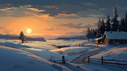 picturesque winter landscape with a solitary warmly-lit farm  AI generated illustration - obrazy, fototapety, plakaty