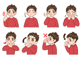 鼻血を出している男の子供のイラストセット