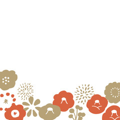 正月年賀状用素材。年賀状用の和風アイコンイラスト。椿や梅のシンプルアイコン。New Year's card material. Japanese style icon illustration for New Year's card. Simple icons of camellia and plum blossoms.