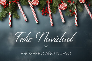 Christmas Card with spanish text - Feliz navidad y próspero año neuvo - Translation: Merry Christmas and Happy New Year - obrazy, fototapety, plakaty