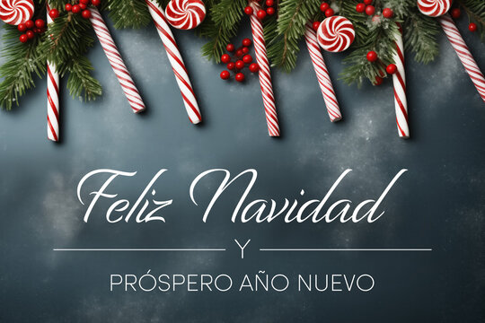 Christmas Card with spanish text - Feliz navidad y próspero año neuvo - Translation: Merry Christmas and Happy New Year