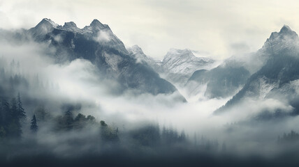 landscape, quiet misty valley in the mountains, forest panorama aero view - obrazy, fototapety, plakaty
