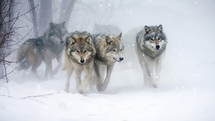 a group of wild wolves in the winter forest, wildlife