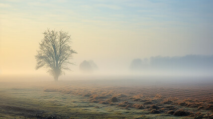 Fototapeta na wymiar landscape fog in the autumn field, morning light