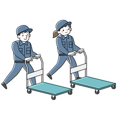 台車を押す作業服の女性と男性のセット