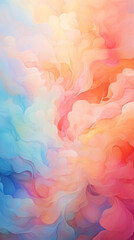 A vibrant pastel whirl of watercolor blends into an abstract floral pattern. The background is a soft mix of warm and cool tones. - obrazy, fototapety, plakaty