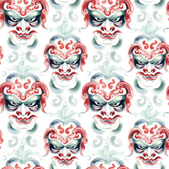 Chinese opera mask seamless pattern, watercolor illustration, background.
