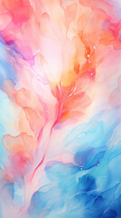 Fototapeta na wymiar Watercolor abstraction blooms into a floral-like pattern with soft coral and blue hues. The background is a delicate gradient of pastel tones.
