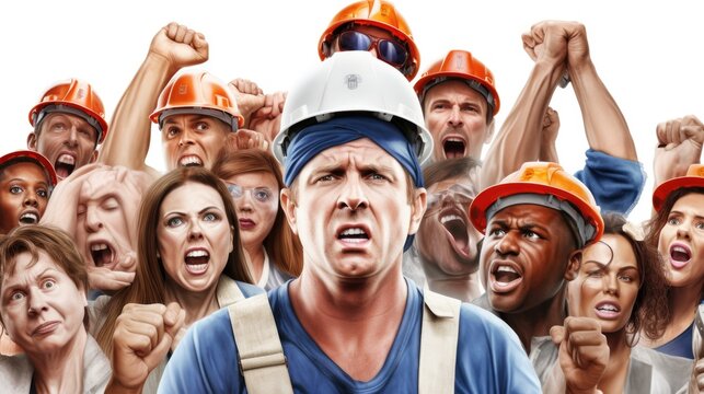 a horizontal format of angry workers on strike in a Labor-themed, realistic illustration in JPG.  Generative ai