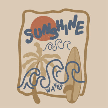 summer sunshine boohoo, coll and esy motive for palm tree, surfboard. sun, waves tshirt design