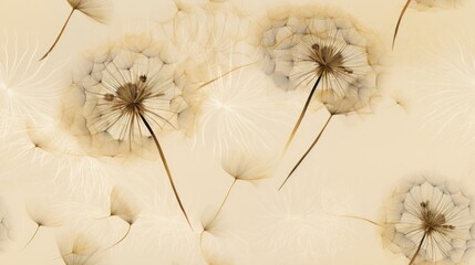 Dandelion pappus/puffballs in a horizontal format as a subtle background in a  botanical-themed, realistic illustration in JPG.  Generative ai