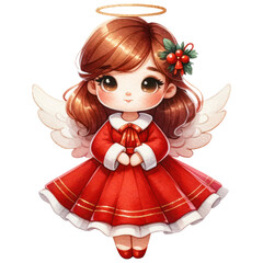 Cute Angel Girl in Red Dress, Watercolor, Cartoon Character, Festive Christmas Celebration, Isolated on Transparent Background. Generative AI