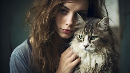 a horizontal format of a woman with her cat snuggling in a  Pet-themed, realistic illustration in JPG. Generative ai
