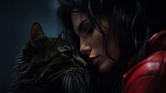 a horizontal format of a woman with her cat snuggling in a  Pet-themed, realistic illustration in JPG. Generative ai