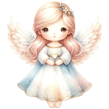 Cute Angel Girl in White Dress, Watercolor, Cartoon Character, Festive Christmas Celebration, Isolated on Transparent Background. Generative AI