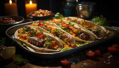 Fototapeta premium Grilled beef taco with fresh tomato and guacamole generated by AI