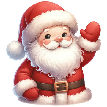 recommend clip art: Cute Happy Christmas Santa Claus Posing Hand up, Greeting, Watercolor, Cartoon Character, Festive Celebration, Isolated on Transparent Background. Generative AI