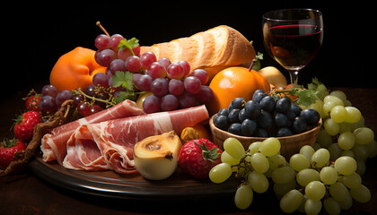 Freshness and variety on a wooden table fruit, wine, meat generated by AI