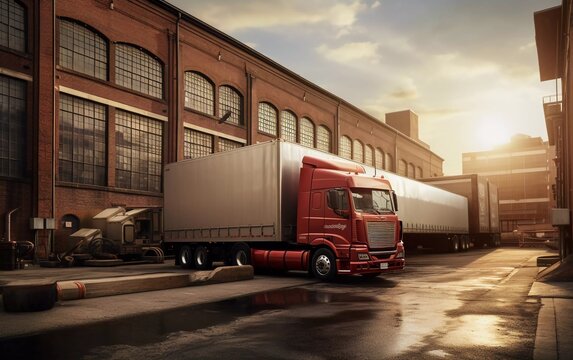 Realistic photo of commercial truck with factory warehouse in background. generative ai