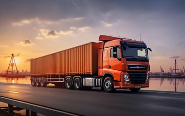 Fototapeta na wymiar Realistic photo of industrial container cargo truck for logistics import export business, with port background. generative ai