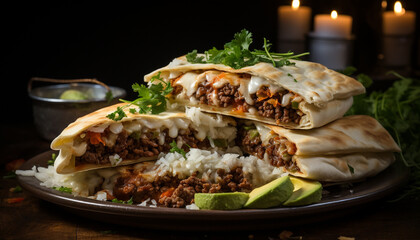 Grilled beef taco with fresh guacamole on flatbread, ready to eat generated by AI