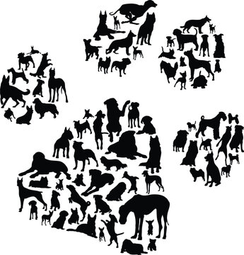 Dog paw print shaped with dog silhouettes in black and white vector illustration