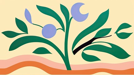 a horizontal format of Abstract leaf and flower shapes on a light background in a floral-themed, graphic illustration in JPG.  Generative ai