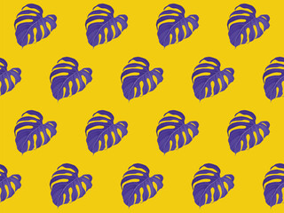 Foliage seamless pattern, purple Monstera Deliciosa on yellow