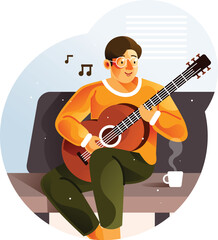 Obraz premium Man playing guitar while sitting on sofa