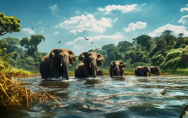 Realistic photo of a group of elephants bathing in a river, daytime background. generative ai - obrazy, fototapety, plakaty